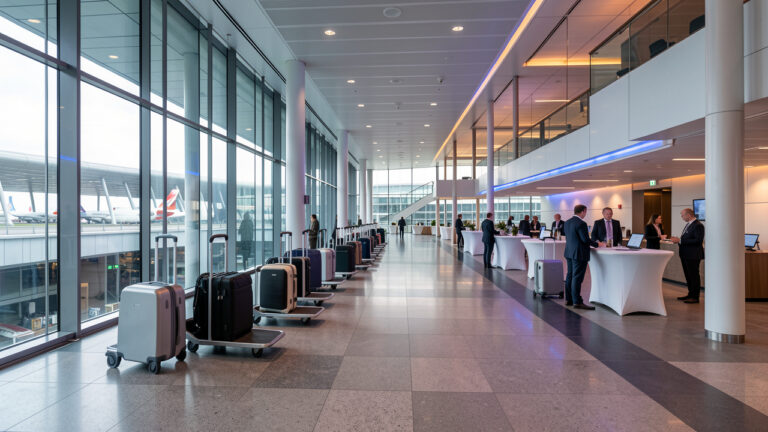 Vue réaliste d’un terminal moderne inspiré de l’aéroport de Francfort, avec des équipements de voyage organisés et un espace préparé pour un événement professionnel.