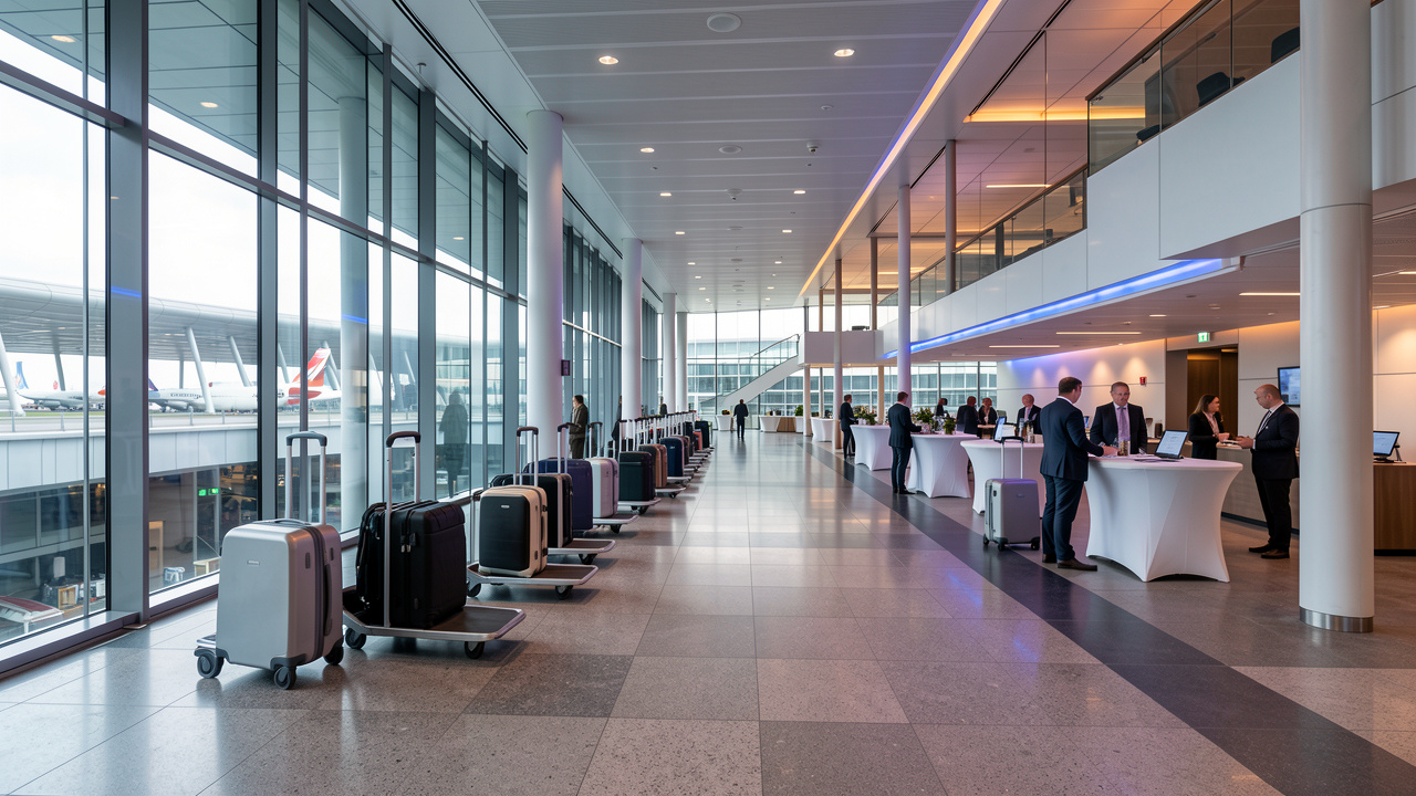 Vue réaliste d’un terminal moderne inspiré de l’aéroport de Francfort, avec des équipements de voyage organisés et un espace préparé pour un événement professionnel.