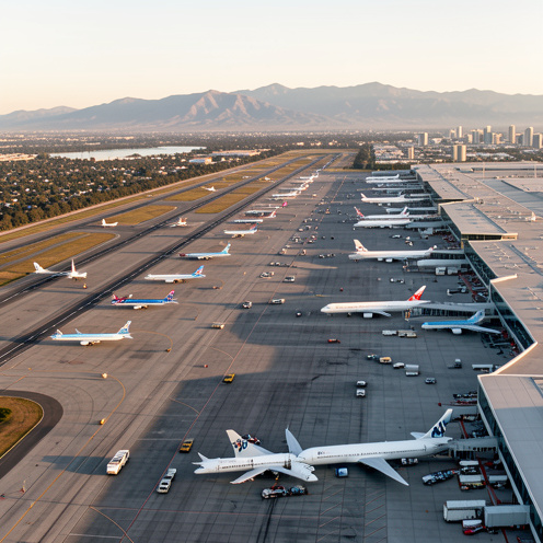 Vue aérienne d’un aéroport international de Los Angeles avec des avions de ligne, des appareils cargo, des terminaux et les montagnes californiennes en arrière-plan.