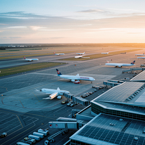 Vue aérienne réaliste de l’aéroport de Londres-Heathrow au lever du jour, avec plusieurs avions sur les pistes, des appareils cargo près du terminal et des véhicules de service sur le tarmac.