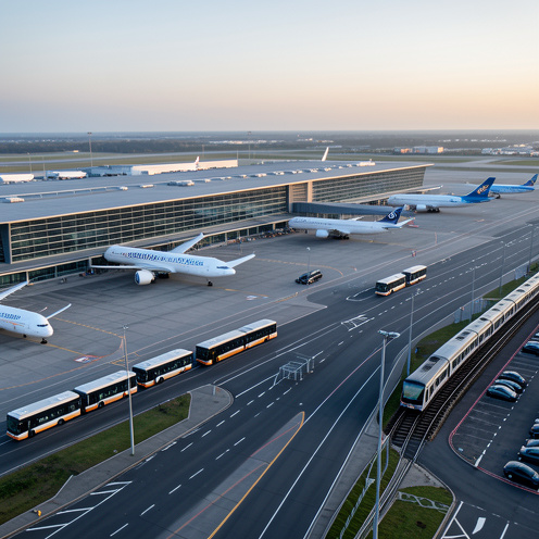 Vue aérienne réaliste de l’aéroport de Londres-Stansted avec avions de ligne, avions cargo, terminal moderne, bus et liaison ferroviaire.