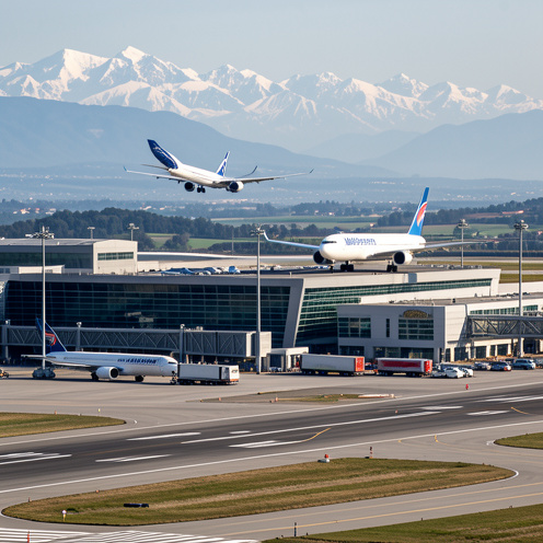 Vue réaliste d’un aéroport international près de Milan avec un avion de ligne au décollage, un avion cargo et le paysage de Lombardie en arrière-plan.