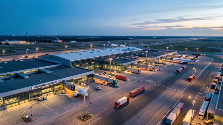 Vue aérienne d’un aéroport international de Varsovie avec un avion cargo, des installations logistiques, des camions et des pistes éclairées, illustrant les échanges entre l’Europe centrale et l’Asie.