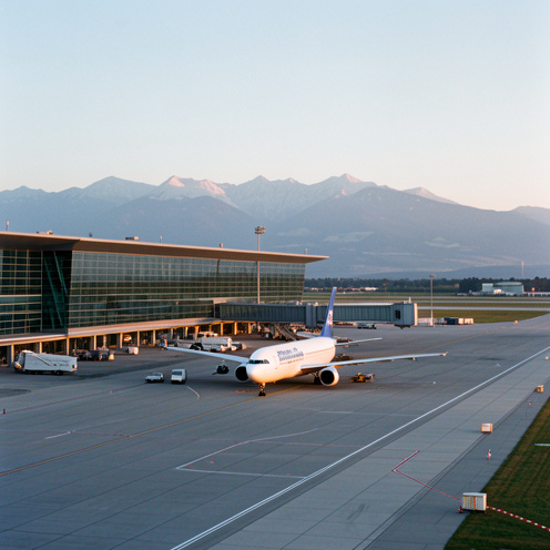 Vue réaliste d’un aéroport moderne de Vienne avec un avion de ligne circulant sur le tarmac, sous une lumière douce, avec les reliefs d’Europe centrale à l’horizon.