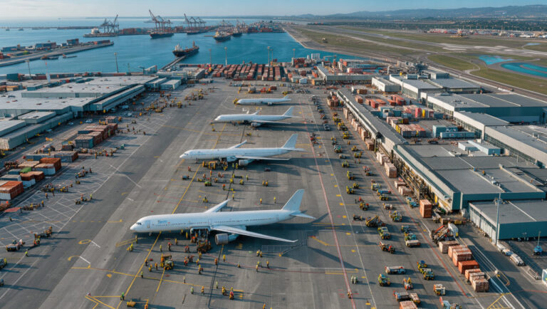 Vue aérienne réaliste de l’aéroport international d’Auckland, avec un avion cargo, des conteneurs, un port et des navires illustrant les connexions logistiques du Pacifique.