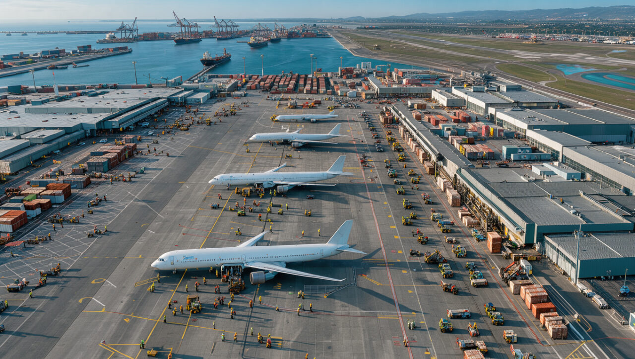 Vue aérienne réaliste de l’aéroport international d’Auckland, avec un avion cargo, des conteneurs, un port et des navires illustrant les connexions logistiques du Pacifique.