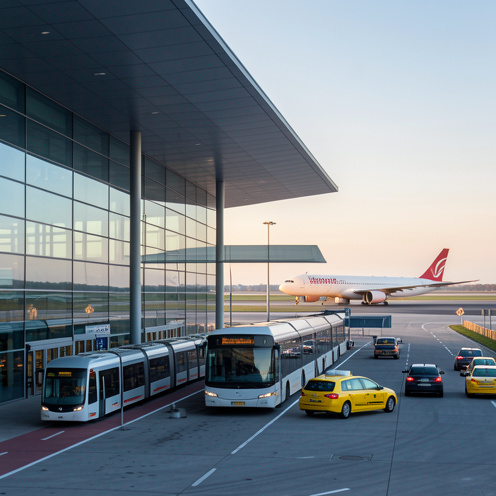 Terminal d’un aéroport européen moderne avec un avion à l’arrivée, un train et des taxis facilitant l’accès à Berlin.