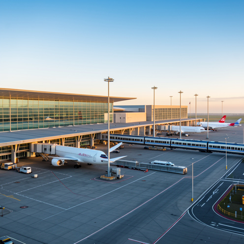 Vue réaliste d’un aéroport européen moderne avec des avions de passagers, des appareils de fret aérien et une liaison ferroviaire multimodale.