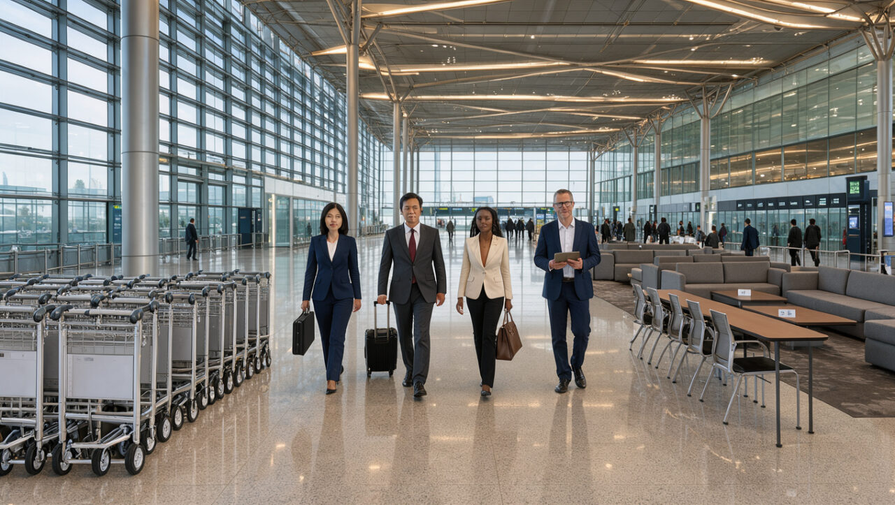 Terminal moderne d’un aéroport international en Chine méridionale, avec des voyageurs d’affaires et des espaces spacieux adaptés aux déplacements professionnels.