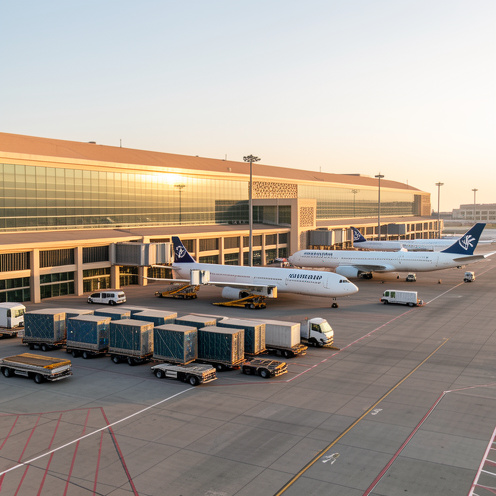 Vue aérienne réaliste d’un terminal international de Casablanca avec un avion gros-porteur, des équipements de fret et des véhicules logistiques sur le tarmac.