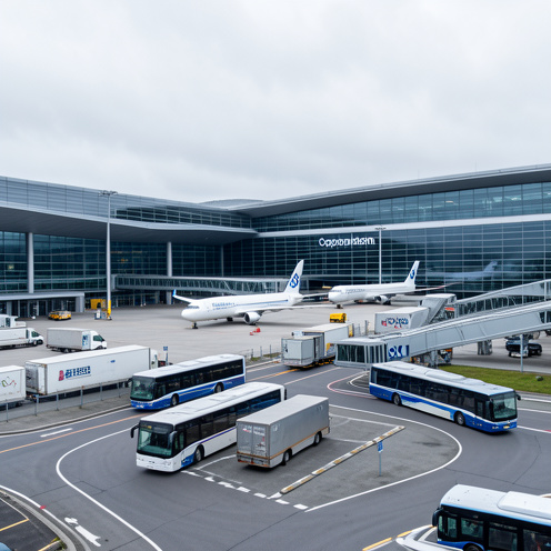 Vue réaliste d’un aéroport scandinave moderne avec terminal, avion, véhicules de fret, train et bus électriques reliés par des accès multimodaux.