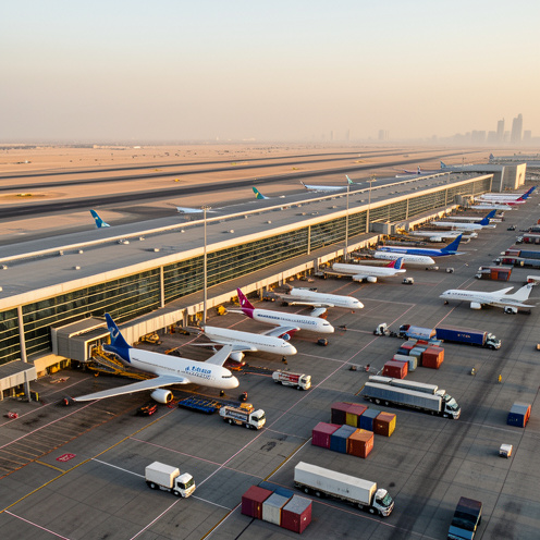 Vue aérienne réaliste de l’aéroport international de Dubaï avec des avions cargo, des véhicules logistiques, des conteneurs de fret, des terminaux modernes et plusieurs pistes au coucher du soleil.