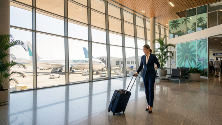 Une femme d’affaires avance dans un terminal moderne de l’aéroport de Lisbonne avec sa valise, tandis que des avions sont visibles derrière les baies vitrées et qu’une ambiance tropicale évoque les Caraïbes.