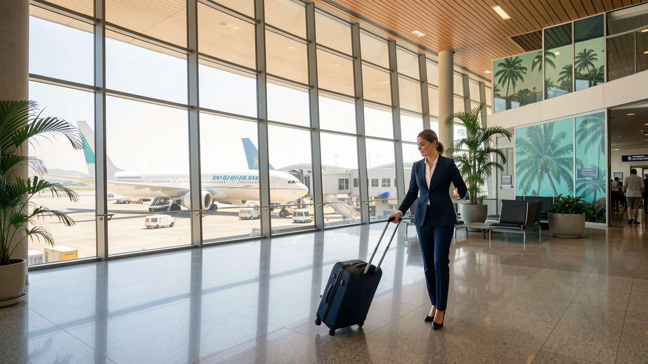 Une femme d’affaires avance dans un terminal moderne de l’aéroport de Lisbonne avec sa valise, tandis que des avions sont visibles derrière les baies vitrées et qu’une ambiance tropicale évoque les Caraïbes.