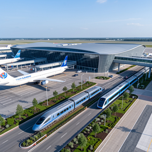 Vue panoramique d’un aéroport moderne relié à une gare ferroviaire et à des navettes électriques.