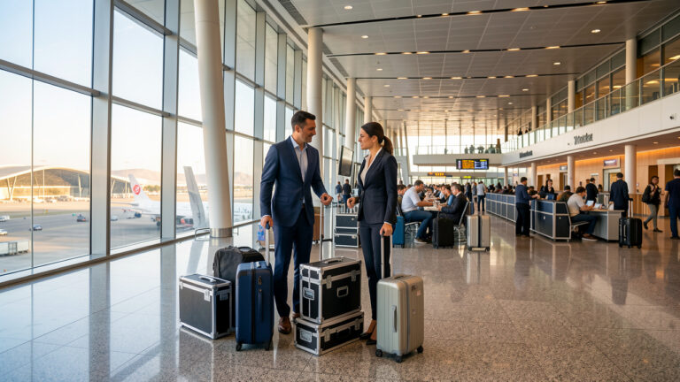 Deux voyageurs d’affaires coordonnent des bagages et des équipements événementiels dans un terminal moderne de l’aéroport international de Mexico.