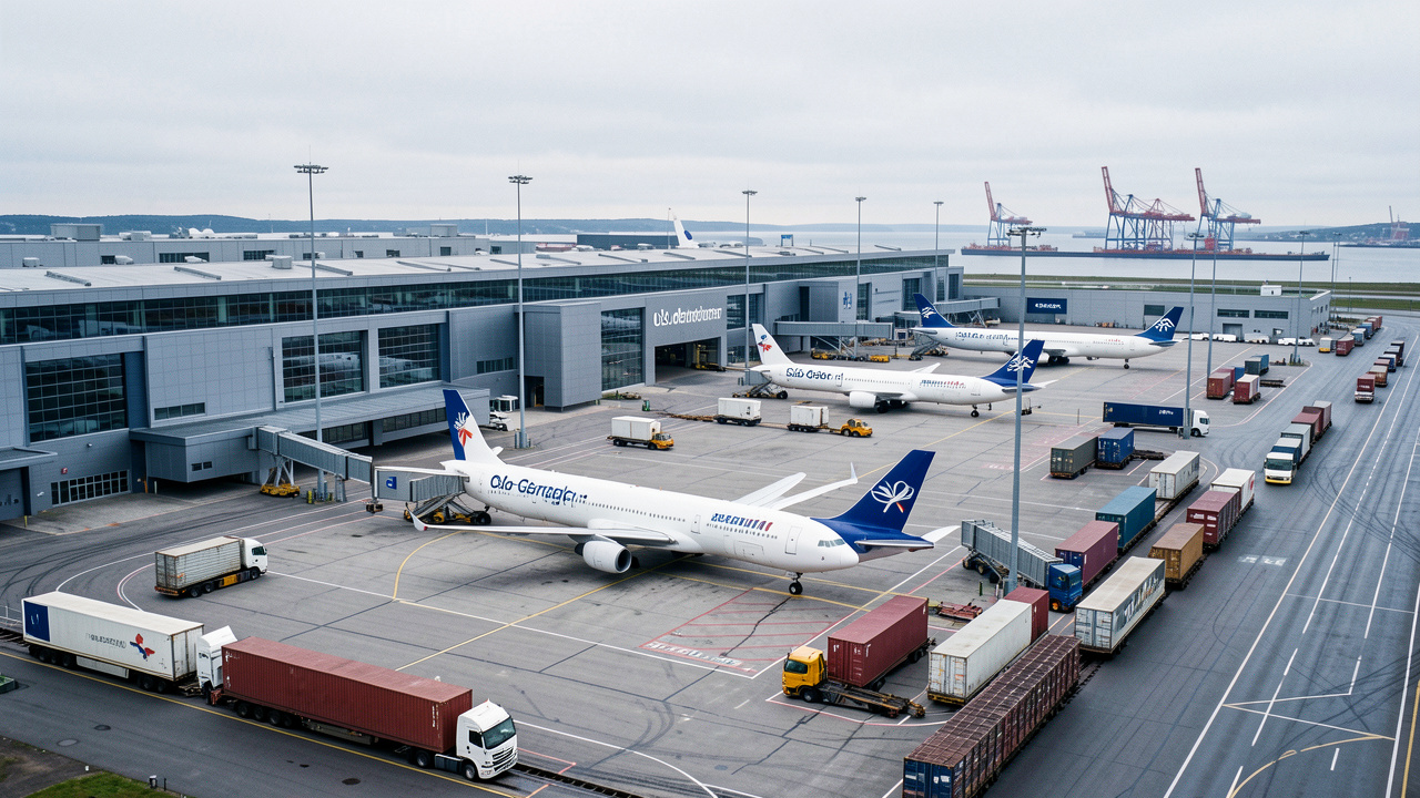 Vue aérienne de l’aéroport d’Oslo-Gardermoen avec des avions cargo, des terminaux de fret, des camions, des wagons et des infrastructures portuaires reliées à la chaîne logistique scandinave.