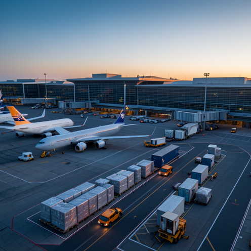 Vue aérienne réaliste d’un grand aéroport parisien au lever du jour, avec des avions, des terminaux modernes et des opérations de fret organisées.