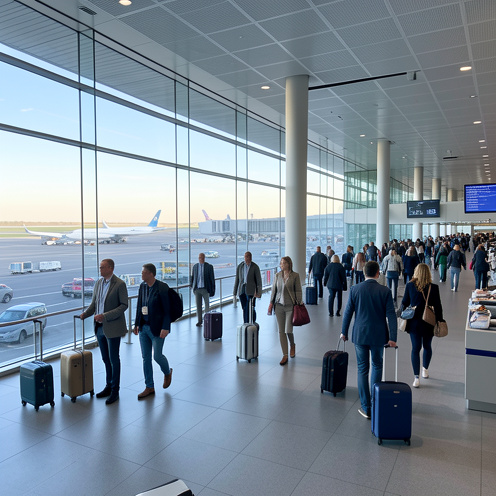 Hall lumineux d’un aéroport français moderne avec des hommes et des femmes voyageurs circulant avec leurs bagages, des avions visibles à travers les baies vitrées et des voies d’accès organisées.