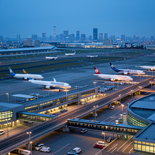 Vue réaliste de l’aéroport international de Tokyo-Haneda avec des avions sur les pistes, le terminal moderne, un train rapide et la silhouette de Tokyo au loin.