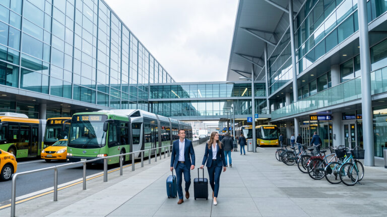 Terminal moderne de l’aéroport international de Vancouver avec train léger, navettes, taxis, vélos et cheminements piétons connectés, dans une ambiance professionnelle.