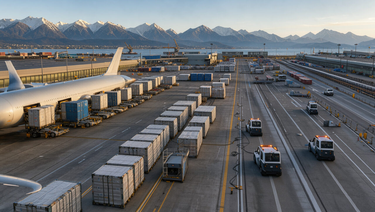 Vue réaliste de l’aéroport de Zurich, avec un terminal de fret, des avions cargo, des conteneurs et les Alpes suisses en arrière-plan.