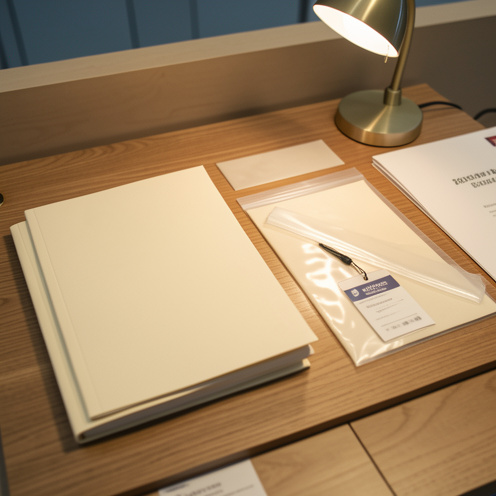 Nature morte documentaire montrant une archive soigneusement conservée d’un salon professionnel de 2016, avec un catalogue à couverture vierge, des dossiers et des pochettes de classement sur un bureau en bois.
