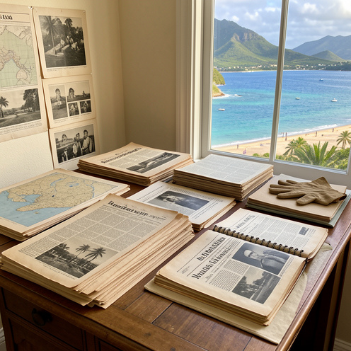 Archive de presse consacrée à la Martinique, avec journaux anciens, photographies et dossiers papier disposés sur un bureau près d’une fenêtre donnant sur un paysage tropical.
