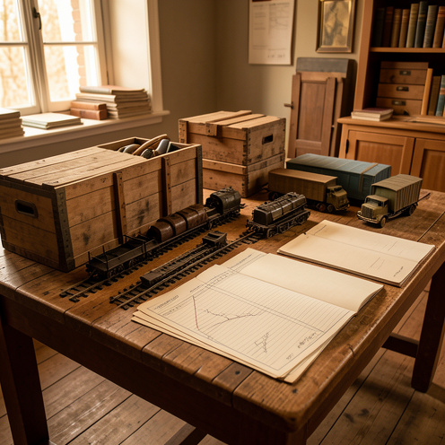 Collection d’archives historiques sur le transport et la logistique, avec caisses, éléments ferroviaires, cartes vierges et miniatures de camions disposés sur une table en bois.
