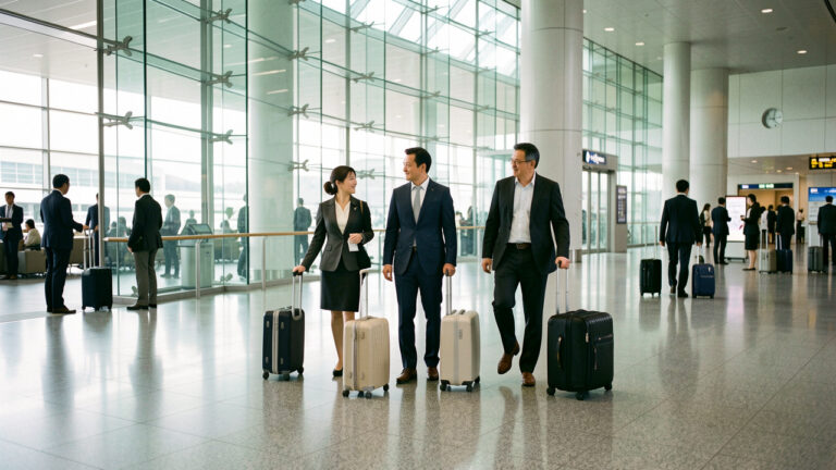 Groupe de voyageurs d’affaires arrivant avec leurs bagages dans le hall moderne des arrivées de l’aéroport international de Narita.