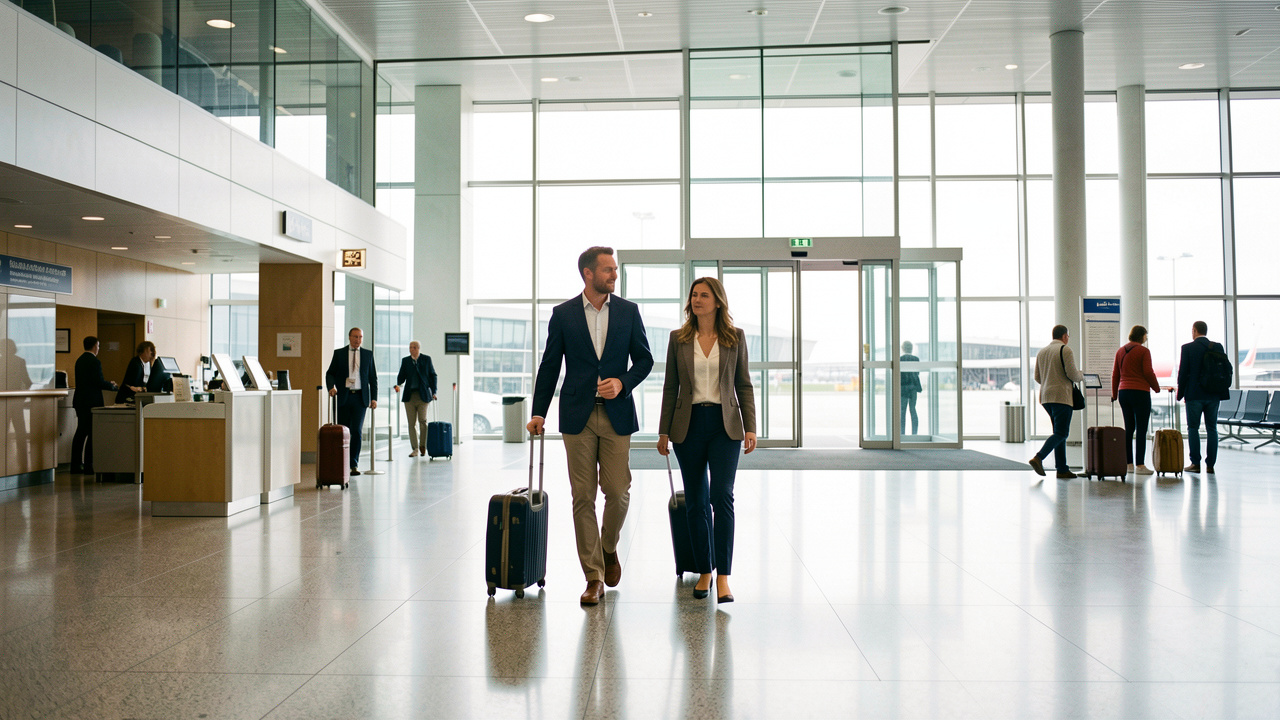 Un homme et une femme en tenue professionnelle arrivent avec leurs bagages dans un terminal moderne de l’aéroport d’Amsterdam-Schiphol.