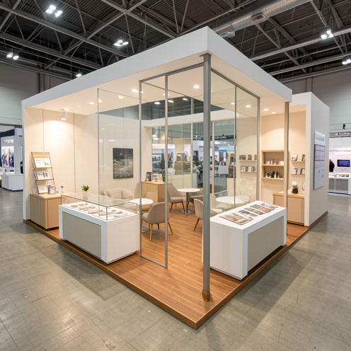 Stand de salon professionnel moderne avec cloisons modulaires, panneaux vitrés, sol en bois, comptoirs d’exposition et espaces d’accueil soigneusement aménagés.