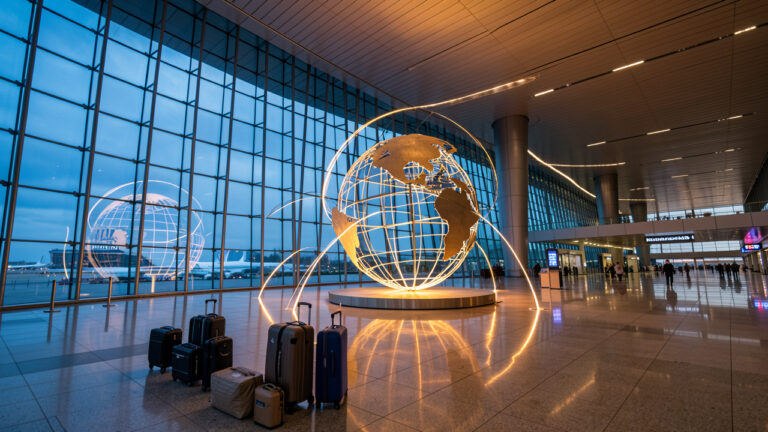 Terminal moderne de l’aéroport international de Shanghai-Pudong avec un globe lumineux reliant symboliquement la Chine et les Caraïbes, dans une ambiance professionnelle et contemporaine.