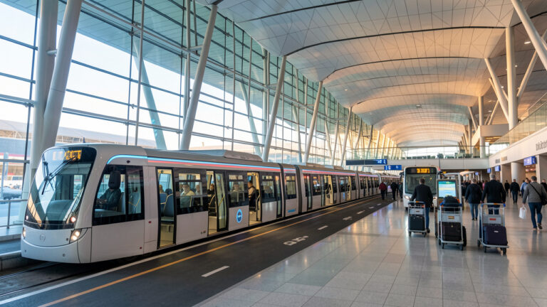 Terminal moderne de l’aéroport d’Istanbul présentant des connexions fluides entre train automatisé, navette électrique, taxis et équipements de voyage.