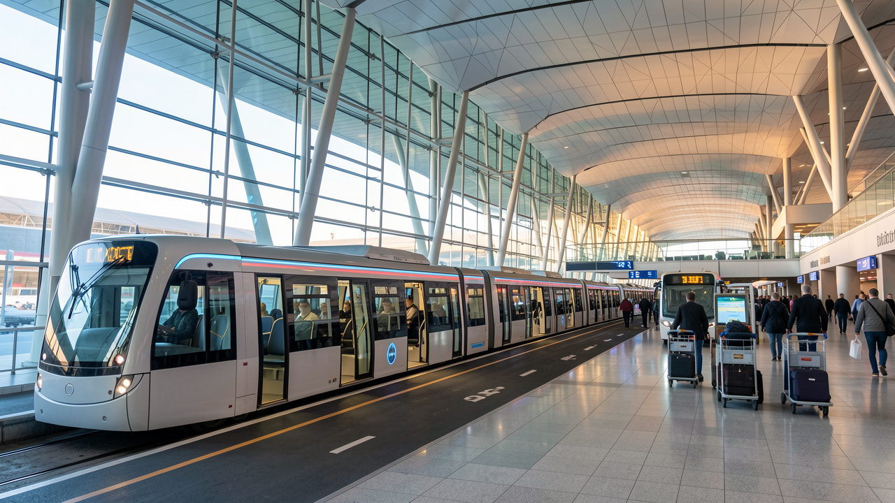 Terminal moderne de l’aéroport d’Istanbul présentant des connexions fluides entre train automatisé, navette électrique, taxis et équipements de voyage.