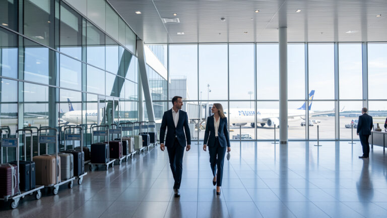 Terminal moderne de l’aéroport d’Helsinki-Vantaa avec deux voyageurs d’affaires et un avion visible derrière les baies vitrées.