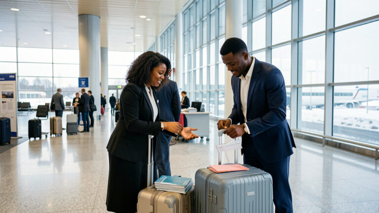 Trois professionnels caribéens en tenue élégante organisent leurs bagages dans un terminal moderne de l’aéroport de Stockholm-Arlanda, avec un paysage hivernal visible à travers les baies vitrées.