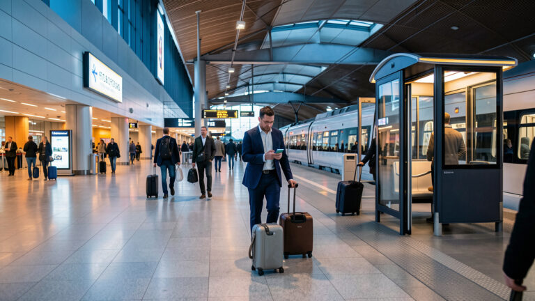 Un voyageur d’affaires avec une valise passe efficacement entre un terminal aéroportuaire moderne, une plateforme ferroviaire et une navette électrique.