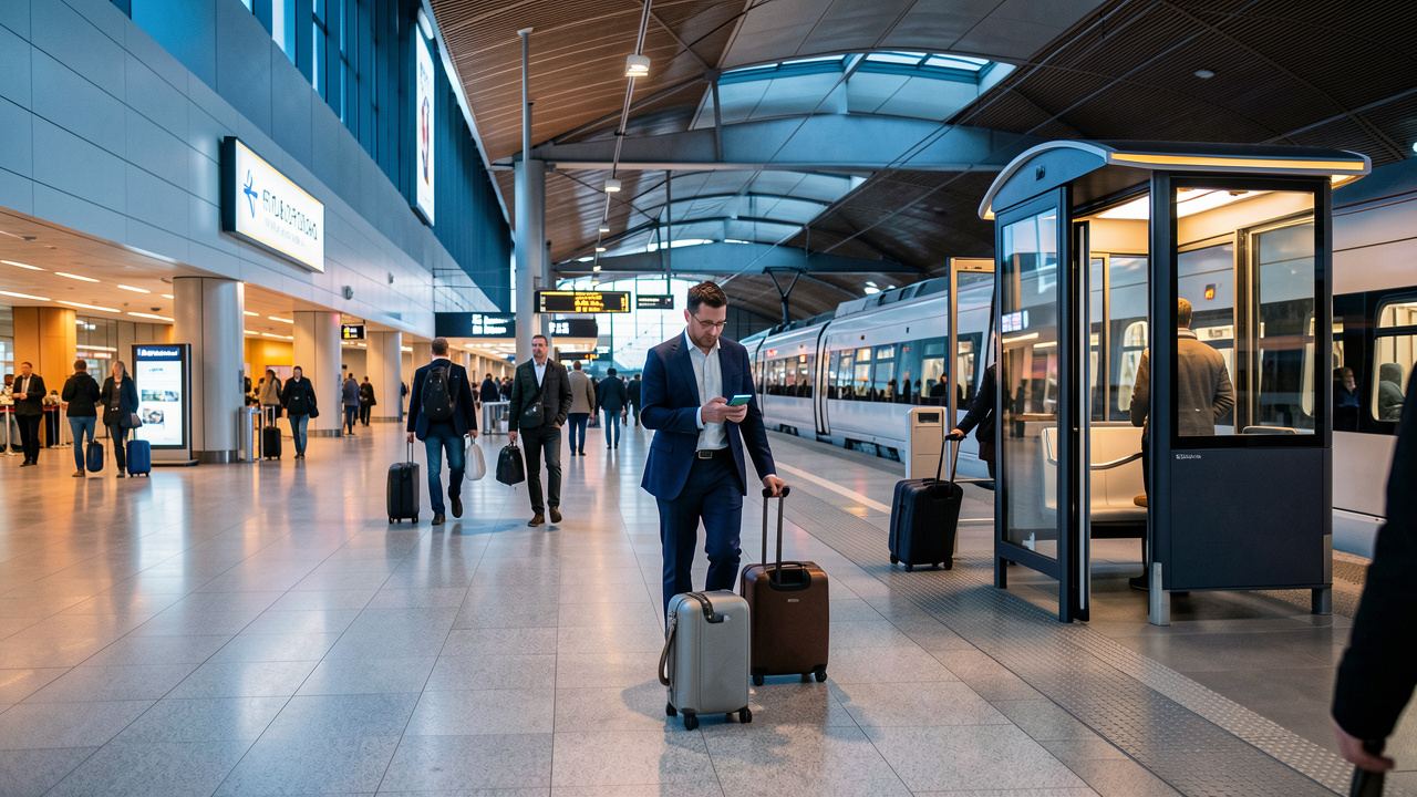 Un voyageur d’affaires avec une valise passe efficacement entre un terminal aéroportuaire moderne, une plateforme ferroviaire et une navette électrique.