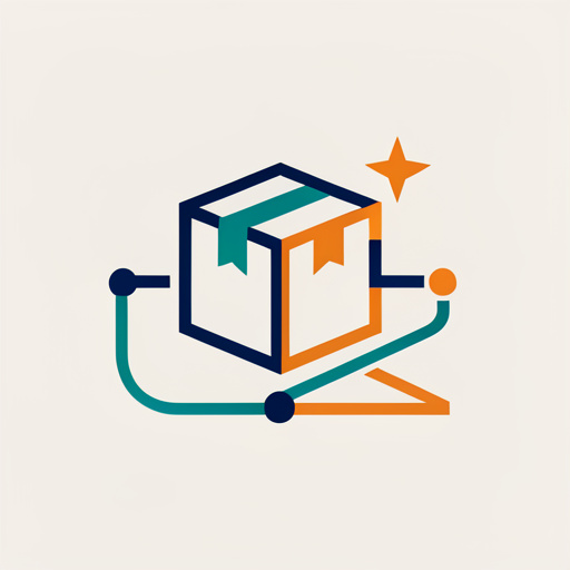 Emblème minimaliste et moderne combinant un colis abstrait, un itinéraire fluide, des nœuds géométriques et une étoile stylisée dans des tons bleu marine, turquoise et orange sur fond uni.