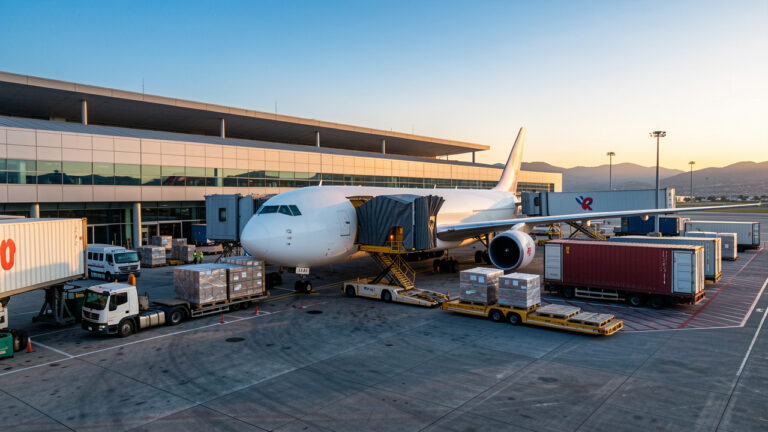 Avion cargo chargé de palettes près de camions et de conteneurs dans un aéroport méditerranéen au lever du jour.