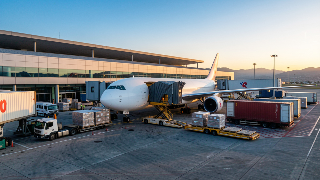 Avion cargo chargé de palettes près de camions et de conteneurs dans un aéroport méditerranéen au lever du jour.