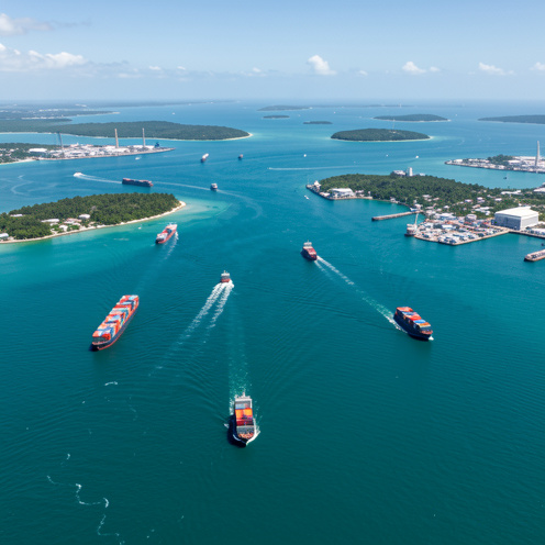 Vue aérienne de la Grande Caraïbe avec plusieurs porte-conteneurs naviguant entre des îles tropicales et des infrastructures portuaires côtières.