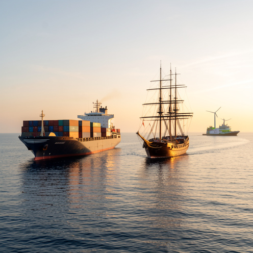 Un navire porte-conteneurs moderne navigue aux côtés d’un voilier historique sur une mer calme, symbolisant l’évolution du transport maritime et ses nouveaux défis.
