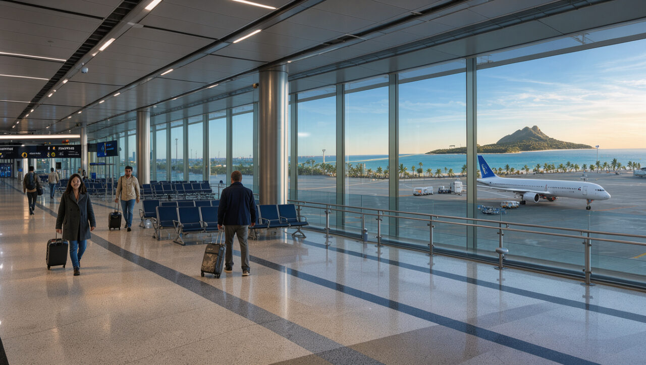 Terminal moderne de l’aéroport de Melbourne avec un avion visible derrière les baies vitrées et une évocation lumineuse d’un trajet vers une île des Caraïbes.