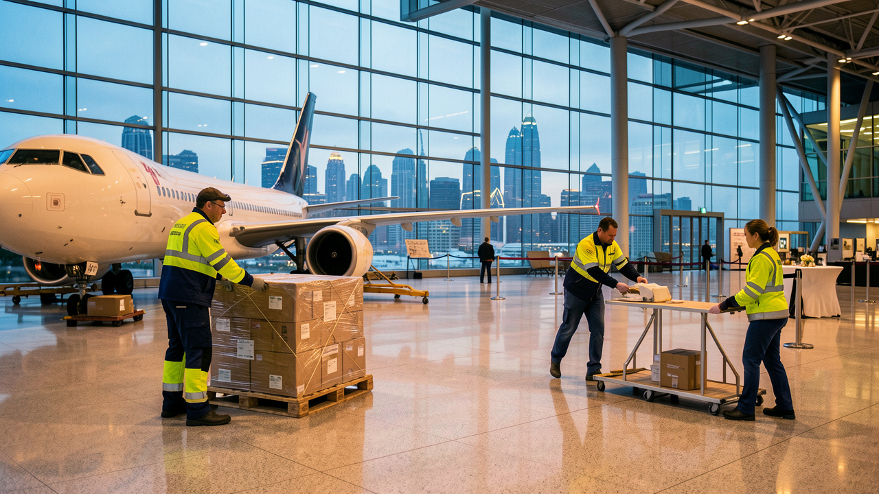 Un homme et deux femmes coordonnent des opérations de logistique aérienne et d’installation événementielle dans un terminal moderne de l’aéroport international de Hong Kong.