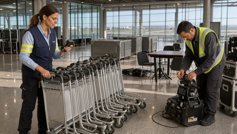 Une coordinatrice logistique et un technicien événementiel organisent du matériel dans un terminal moderne de l’aéroport d’Athènes, avec des pistes et une lumière méditerranéenne en arrière-plan.