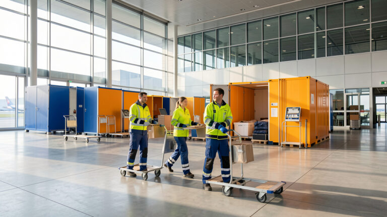 Un homme et une femme en tenue de travail organisent des chariots et du matériel événementiel dans un espace moderne relié à un aéroport.