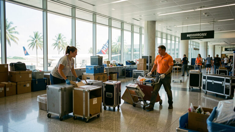 Une femme coordinatrice logistique et un homme technicien événementiel organisent du matériel et des conteneurs dans un terminal d’aéroport international moderne inspiré de Miami.