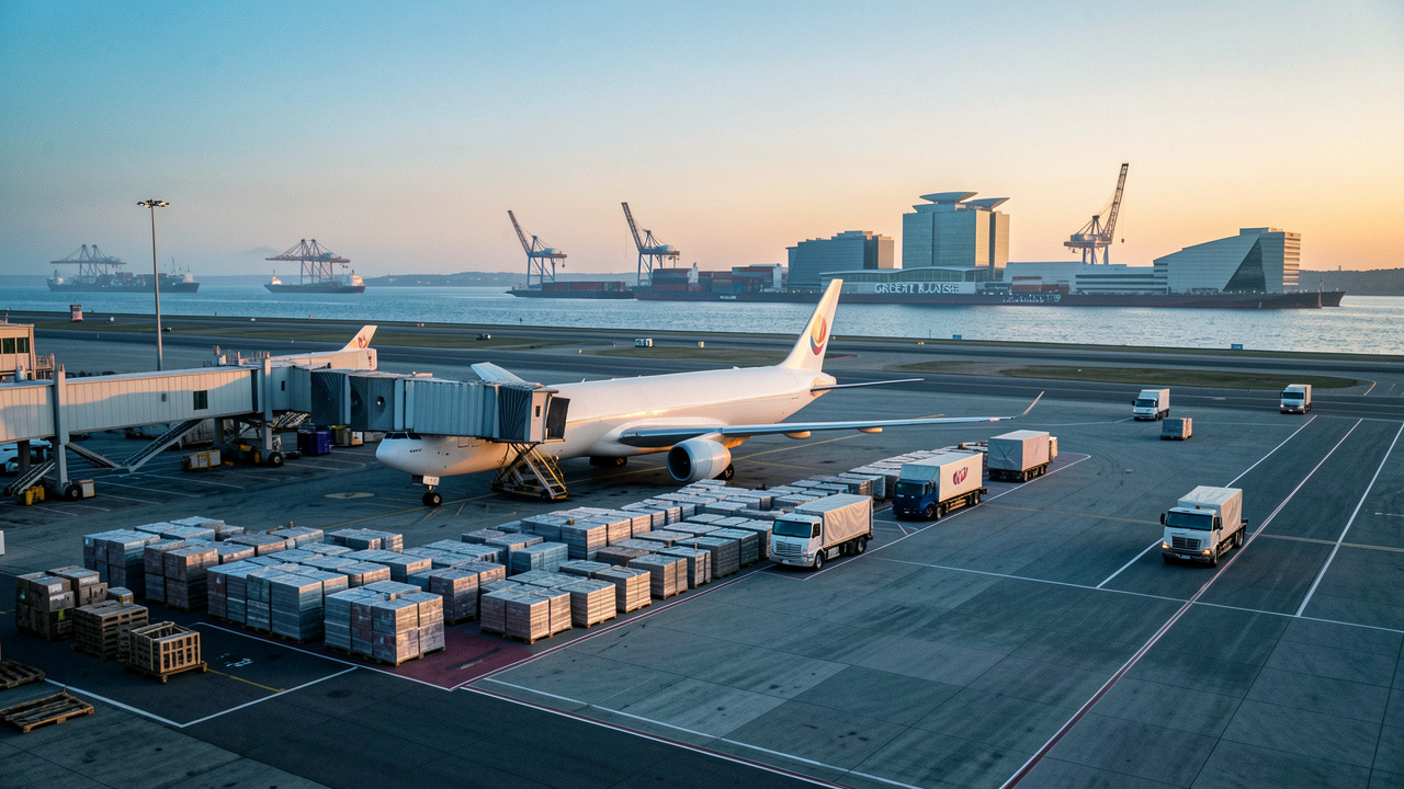 Plateforme logistique aéroportuaire avec avion cargo, palettes, camions, grues portuaires et centre de congrès évoquant la chaîne d’approvisionnement entre fret aérien, ports des Grands Lacs et événements professionnels.